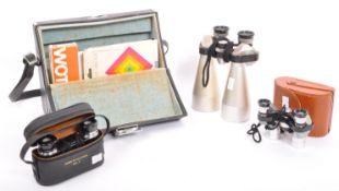 A KODAK LAND CAMERA (POLAROID) WITH 3 X VINTAGE BINOCULARS