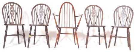 A GROUP OF RETRO VINTAGE ELM WHEEL BACK DINING CHAIRS