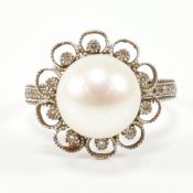 VINTAGE 18CT WHITE GOLD CULTURED PEARL & DIAMOND HALO RING