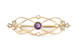 ANTIQUE 9CT GOLD PEARL & PURPLE STONE BROOCH PIN
