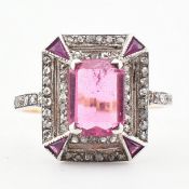 1920S ART DECO GOLD PINK TOURMALINE TOPAZ & DIAMOND PLAQUE RING