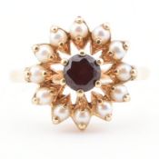 HALLMARKED 9CT GOLD GARNET & PEARL CLUSTER RING