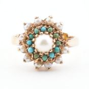 HALLMARKED 9CT GOLD TURQUOISE & PEARL CLUSTER RING