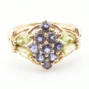 HALLMARKED 9CT GOLD AMETHYST & PERIDOT CLUSTER RING