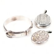VICTORIAN 19TH CENTURY SILVER BUCKLE & LOCKETS