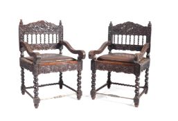 PAIR 17TH CENTURY DUTCH EAST-INDIES PADAUK CARVED CHAIRS