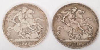 TWO QUEEN VICTORIA 1899 & 1900 SILVER CROWN COINS