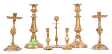 THREE PAIRS OF 19TH CENTURY BRASS METAL CANDLESTICK HOLDERS