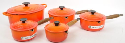 FIVE VINTAGE LE CREUSET VOLCANIC COOKING POTS & PANS