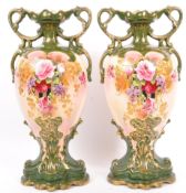PAIR 19TH CENTURY VICTORIAN TWIN HANDLED STAFFORDSHIRE VASES
