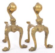 PAIR OF MID 20TH CENTURY DECORATIVE BRASS LIONS PAW FIRE DOGS