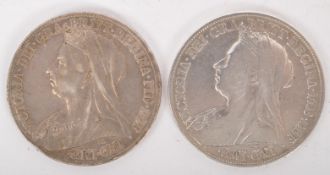 TWO QUEEN VICTORIA 1899 & 1900 SILVER CROWN COINS