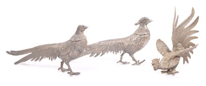 THREE VINTAGE 20TH CENTURY ZINC FIGHTING COCK AND PHEASANTS
