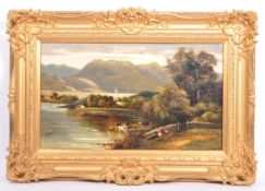 19TH CENTURY 1880 CATTLE LAKELAND OIL ON CANVAS BY JOHN MORRIS