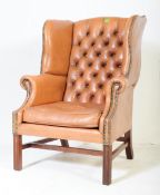 QUEEN ANNE REVIVAL BROWN LEATHER WINGBACK ARMCHAIR