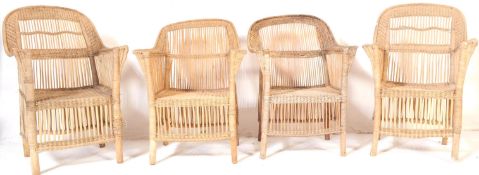 4 MID CENTURY WICKER & CANE WORKED ORANGERY ARMCHAIRS