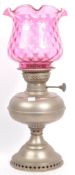 20TH CENTURY GERMAN OIL LAMP & CRANBERRY GLASS SHADE