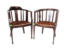 PAIR OF EDWARDIAN MAHOGANY INLAID CORNER CHAIRS