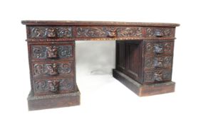 VICTORIAN 19TH CENTURY OAK GREEN MAN TWIN PEDESTAL DESK