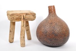 20TH CENTURY LIVING EDGE STOOL & WOODEN VASE