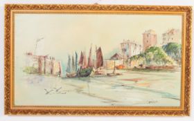 LARGE LATE 20TH CENTURY HARBOUR SCENE PAINTING BY TERRY BURKE