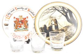 TWO VINTAGE BRISTOL COMMEMORATIVE PLATES & TUMBLER GLASSES