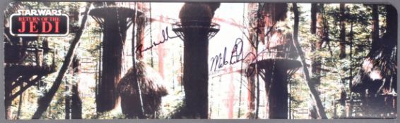 STAR WARS - DUAL AUTOGRAPHED EWOK FIGURE DISPLAY STAND BACKER