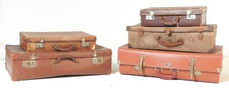 FIVE VINTAGE MID CENTURY TAN LEATHER SUITCASES