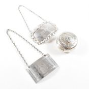 TWO HALLMARKED SILVER DECANTER LABELS & PILL BOX