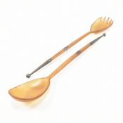 PAIR OF CARVED HORN AND WHITE METAL SALAD SERVERS