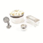 THREE HALLMARKED SILVER & WHITE METAL LIDDED CUT GLASS JARS & CARD HOLDER