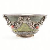 ANTIQUE TIBETAN GREEN HARD STONE CORAL & SILVER BOWL