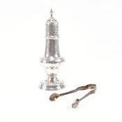 GEORGE III HALLMARKED CASTER & VICTORIAN BRITANNIA SILVER TONGS
