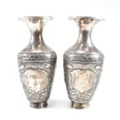 PAIR OF CHINESE ORIENTAL WHITE METAL VASES