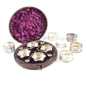 VICTORIAN CASED SET OF 4 HALLMARKED SILVER SALTS & 6 LATER NAPKIN RINGS