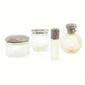 COLLECTION OF HALLMARKED SILVER TOPPED CUT GLASS JARS & BOTTLES