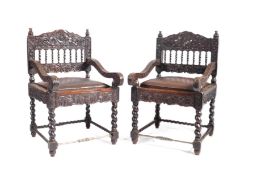 PAIR 17TH CENTURY DUTCH EAST-INDIES PADAUK ARMCHAIRS