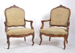 PAIR OF NAPOLEON III FRENCH OAK FRAMED UPHOLSTERED ARMCHAIRS