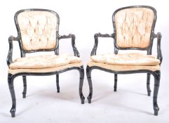 PAIR AESTHETIC MOVEMENT EBONISED FAUX BAMBOO ARMCHAIRS