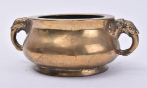 XUANDE REIGN MARKED CHINESE BRONZE ELEPHANT HANDLED CENSER