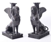 PAIR 20TH CENTURY BRONZE EGYPTIAN STYLE SPHINX CANDLESTICKS