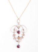 ANTIQUE 9CT GOLD & GARNET NECKLACE PENDANT WITH 375 CHAIN