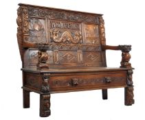 LATE 19TH CENTURY FLEMISH CARVED OAK HALL MONK'S SETTLE