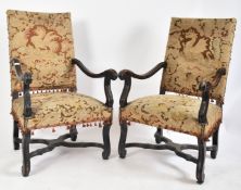 PAIR OF LOUIS XIV STYLE OAK & TAPESTRY FIRE SIDE ARMCHAIRS