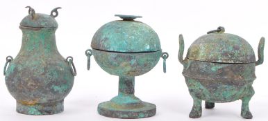THREE ANTIQUE 19TH CENTURY BRONZE GREEN VERDIGRIS LIDDED POTS