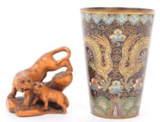 JAPANESE FRUITWOOD TIGER NETSUKE & CHINESE CLOISONNE BEAKER