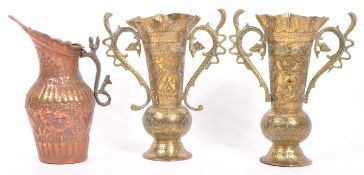 PAIR 19TH CENTURY TWIN HANDLED INDIAN BRASS VASES