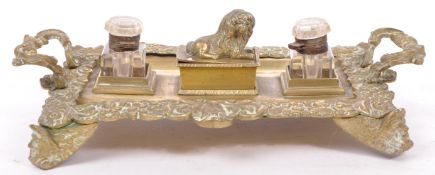 19TH CENTURY VICTORIAN BRASS INKWELL / DESK TIDY