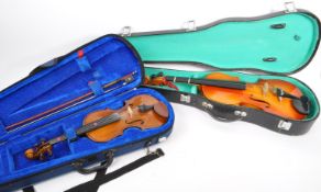 TWO 20TH CENTURY TWO PIECE BACK VIOLINS SIZES 4/4 AND 1/8