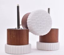 SET OF THREE VINTAGE TEAK & MILK GLASS CEILING PENDANT LIGHTS